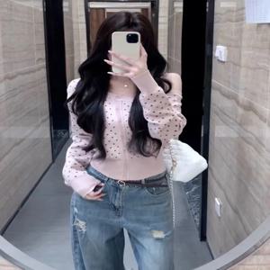 어깨 노출 달콤하고 매콤한 핑크 롱 슬리브 니트 오픈 가디건 여성용 초가을 2025 신상 한국 스타일 스웨터 자켓 탑
