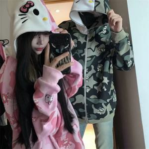 Y2K 헬로 키티 여성용 카모플라주 음련 후드 스웨트셔츠 애니메이션 산리오 가을 겨울 코튼 지퍼 코트 커플 탑스 캐주얼