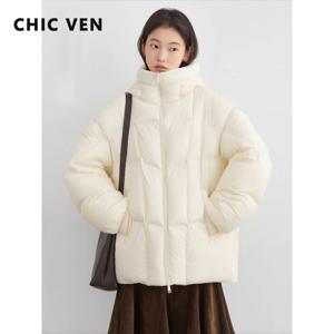 CHIC VEN 여성용 다운 코트 루즈 캐주얼 후드 스탠드업 칼라 다운 재킷 90% 화이트 덕 다운 따뜻한 가을 겨울 2025