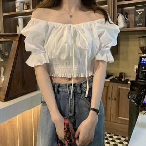 여름 오프숄더 레이스업 반팔 블라우스 여성 크롭탑 화이트 리본 스퀘어넥 스윗 러플 튜닉 셔츠 한국 패션