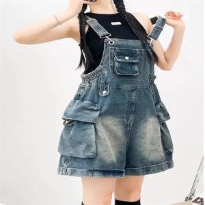 아메리칸 빈티지 데님 오버올 여성 패션 와이드 레그 점프수트 슬림핏 루즈 디자인 젊은 스타일 숏 롬퍼