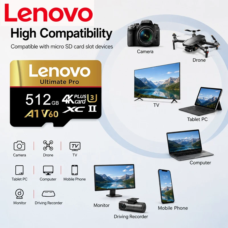대용량 저장 용량 레노버 512GB SD 카드 TF 카드 마이크로 TF SD 메모리 카드 128GB UHS-I 32GB V10 드론/태블릿/휴대폰용