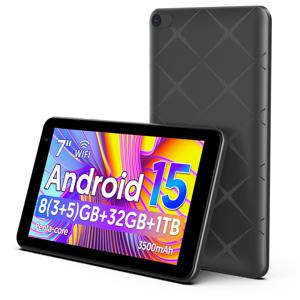 7인치 안드로이드 15 태블릿, 8GB (3+5) 램, 32GB 저장용량, 3500mAh 배터리, HD 1024x600 IPS 디스플레이, 듀얼 카메라, Wi-Fi, 블루투스