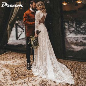 DREAM 맞춤형 긴 소매 꽃무늬 레이스 브이넥 보호 웨딩 원피스, 딥 브이넥 오픈 백, 겸손하고 소박한 시민 신부 가운, 2025
