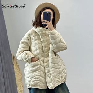 Schinteon 여성 90% 화이트 오리 다운 재킷 캐주얼 루즈 오버 사이즈 가을 겨울 라이트 아웃웨어 후드 포함 최고 품질 코트 2026