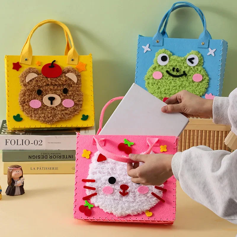 DIY 펠트 가방 세트 어린이 교육용 장난감 귀여운 만화 동물 핸드백 안전 바늘 실 공예 키트 여자아이 생일 선물