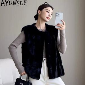 AYUSNUE 천연 밍크 퍼 조끼 여성 겨울 의류 2026 따뜻한 민소매 코트 신상 여성용 전체 밍크 코트