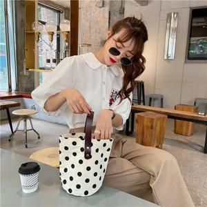 심플 웨이브 포인트 폴카 도트 캔버스 버킷백 한국 스타일 대용량 핸드백 런치백 토트백 엄마 가방 쇼핑백