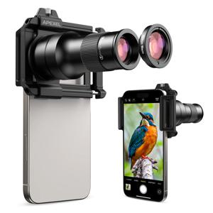 APEXEL 2 in 1 텔레매크로 렌즈 키트 6배 망원 렌즈 & 150mm 매크로 렌즈 (아이폰 및 안드로이드 폰용 범용 렌즈 클립 포함)