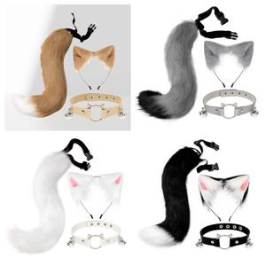 여우 고양이 귀 모자를 쓰고 있죠 푹신한 동물 귀 머리띠 귀 머리 후프와 꼬리 세트 할로윈 파티 코스프레 액세서리