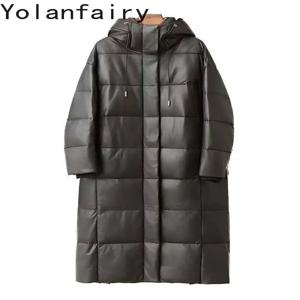 YOLANFAIRY 진짜 양가죽 다운 재킷 여성용 겨울 롱 후드 구스 다운 코트 따뜻한 패션 패딩 재킷 아브리고스