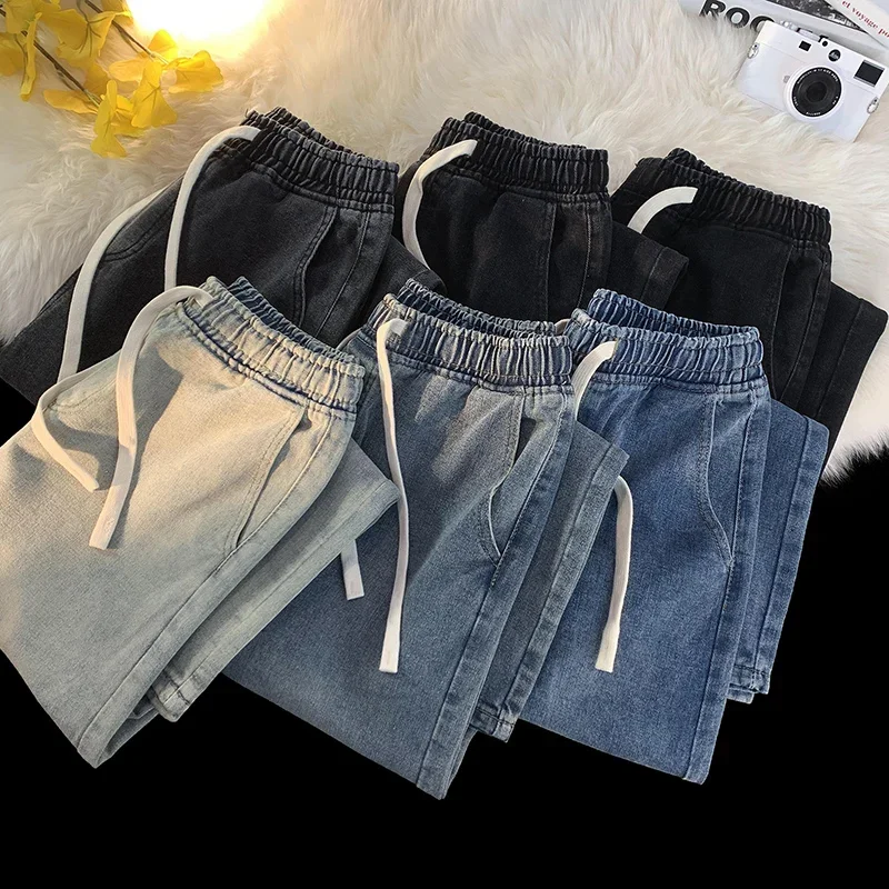 캐주얼 청바지 남성 헐렁한 스트레이트 탄성 허리 Drawstring 한국 패션 남성 빈티지 데님 바지 streetwear 3xl