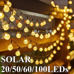 20-100LED 크리스탈 공 LED 태양 야외 조명 문자열 요정 빛 크리스마스 화환 정원 테라스 파티 야외 장식