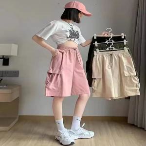 하이웨이스트 와이드 레그 워크웨어 반바지 여성 여름 얇은 아메리칸 캐주얼 디자인 5부 스포츠 팬츠 폴리에스터 섬유