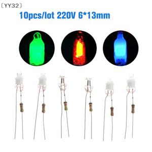 〔YY32〕10개 네온 표시등 녹색 빨간색 파란색 표시등 6mm 네온 램프 발광 2개 구리선 6X13mm 네온 표시등 전구