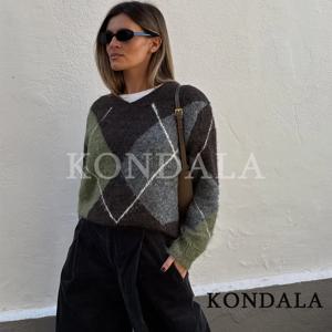 KONDALA 캐주얼 브이넥 마름모 스웨터 여성 우아한 심플 다용도 니트 스웨터 2026 봄 가을 패션 대비색 스웨터