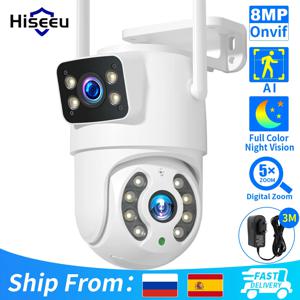 Hiseeu 4K 8MP Wifi 감시 카메라 듀얼 렌즈 4X 디지털 줌 AI 인간 감지 ONVIF 무선 야외 보안 PTZ IP 카메라