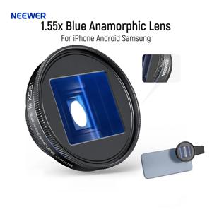 NEEWER 1.55x iPhone Android Samsung과 호환되는 파란색 아나모픽 렌즈, 17mm 나사형 렌즈 클립이 있는 전화 카메라 액세서리