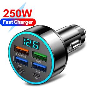 250W 차량용 충전기 4USB QC3.0 PD 타입-C 디지털 디스플레이 차량용 전원 충전기 3.1A 전압 감지 멀티포트 차량용 전원 어댑터