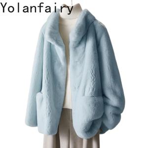 YOLANFAIRY 진짜 밍크 천연 모피 코트 여성용 겨울 스탠드 칼라 리얼 퍼 코트 밍크 재킷 젊은 여성용 따뜻한 외투 아브리고