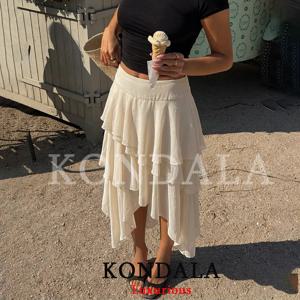 KONDALA 홀리데이 시크 프릴 롱 스커트 여성 미드 웨이스트 지퍼 불규칙 스커트 패션 2026 봄 여름 휴가 비치 스커트