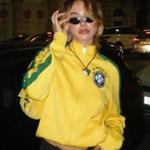 여성용 브라질 축구 트랙 재킷 빈티지 옐로우 그린 스트라이프 하프 지퍼 자수 패치 풋볼 재킷 스트리트웨어