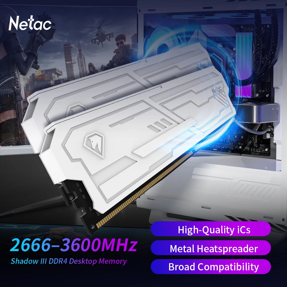 Netac DDR4 램 메모리 8G 16G DDR4 3200MHz 3600MHz 8GX2 16GX2 Shadow Ill UDIMM DDR4 1.35V XMP2.0 메탈 히트싱크 포함 데스크탑용