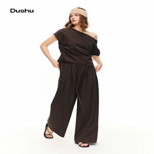 DUSHU 여성용 주말 플리츠 블라우스 와이드 레그 팬츠 우아한 여름 경량 오프 숄더 투피스 의상 2026 새로운 도착