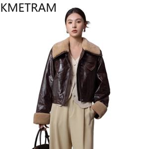 KMETRAM 리얼 양가죽 거위털 다운 재킷 여성용 스타일리쉬 울 칼라 숏 코트 따뜻한 겨울 푸퍼 재킷 2026 여성 의류 롱패딩