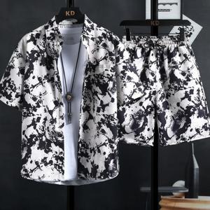 【M-3XL】신상 남성용 프린트 셔츠 세트, 고품질 패션 트렌드 반바지, 하와이 스타일 캐주얼 꽃무늬 상의, INS HOT 남성 및 여성