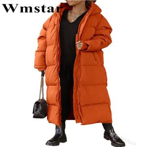 Wmstar 여성 코트 새로운 겨울 두꺼운 느슨한 스타일 긴 소매 솔리드 컬러 방풍 따뜻한 후드 다운 코튼 패딩 롱 자켓