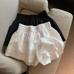 여성 캐주얼 와이드 레그 반바지 빈티지 블랙 화이트 자카드 반바지 여성 한국어 세련된 탄성 높은 허리 streetwear 짧은 바지
