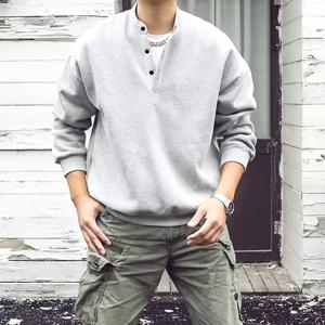 남성용 루즈핏 솔리드 컬러 크루넥 스웨트 셔츠 헨리 칼라 봄 패션 레트로 일본식 streetwear
