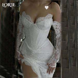 LORIE 빈티지 레이스 웨딩 드레스 Sweethear Applique 오프 숄더 머메이드 신부 가운 하이 슬릿 플리츠 신부 가운 맞춤형