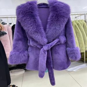 럭셔리 고품질 신상품 대형 모피 칼라 모피 코트 벨트 슬림 재킷 여성 겨울 따뜻한 친환경 밍크 폭스 모피 코트 프리미엄 상의
