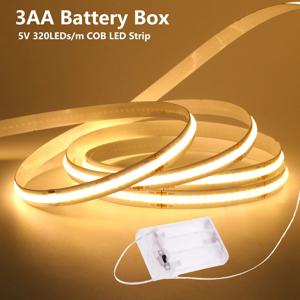 3AA 배터리 박스 COB LED 스트립 5V 8MM 320LEDs/m 따뜻한 자연 백색 유연한 배터리 테이프 COB 스트립 침실 TV 백라이트용