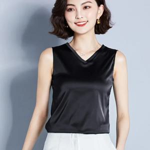섹시한 실크풍 조끼 여성 민소매 탑 여름 브이넥 단색 블라우스 셔츠