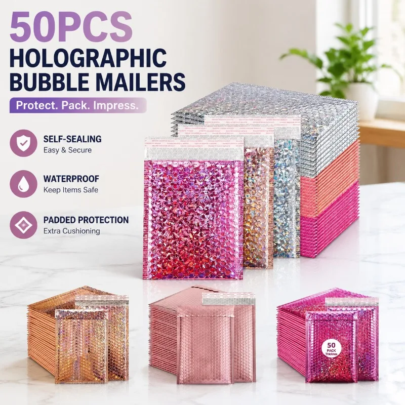 50Pcs 홀로그램 버블 메일러 자체 밀봉 방수 패딩 봉투 소규모 비즈니스 용품 레이저 메일링 가방