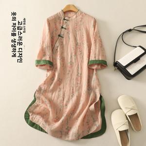 오리지널 레트로 중국 스타일 여성용 루즈핏 면 린넨 혼방 중간 길이 민소매 탑, 사선 칼라 전통 민족 의상