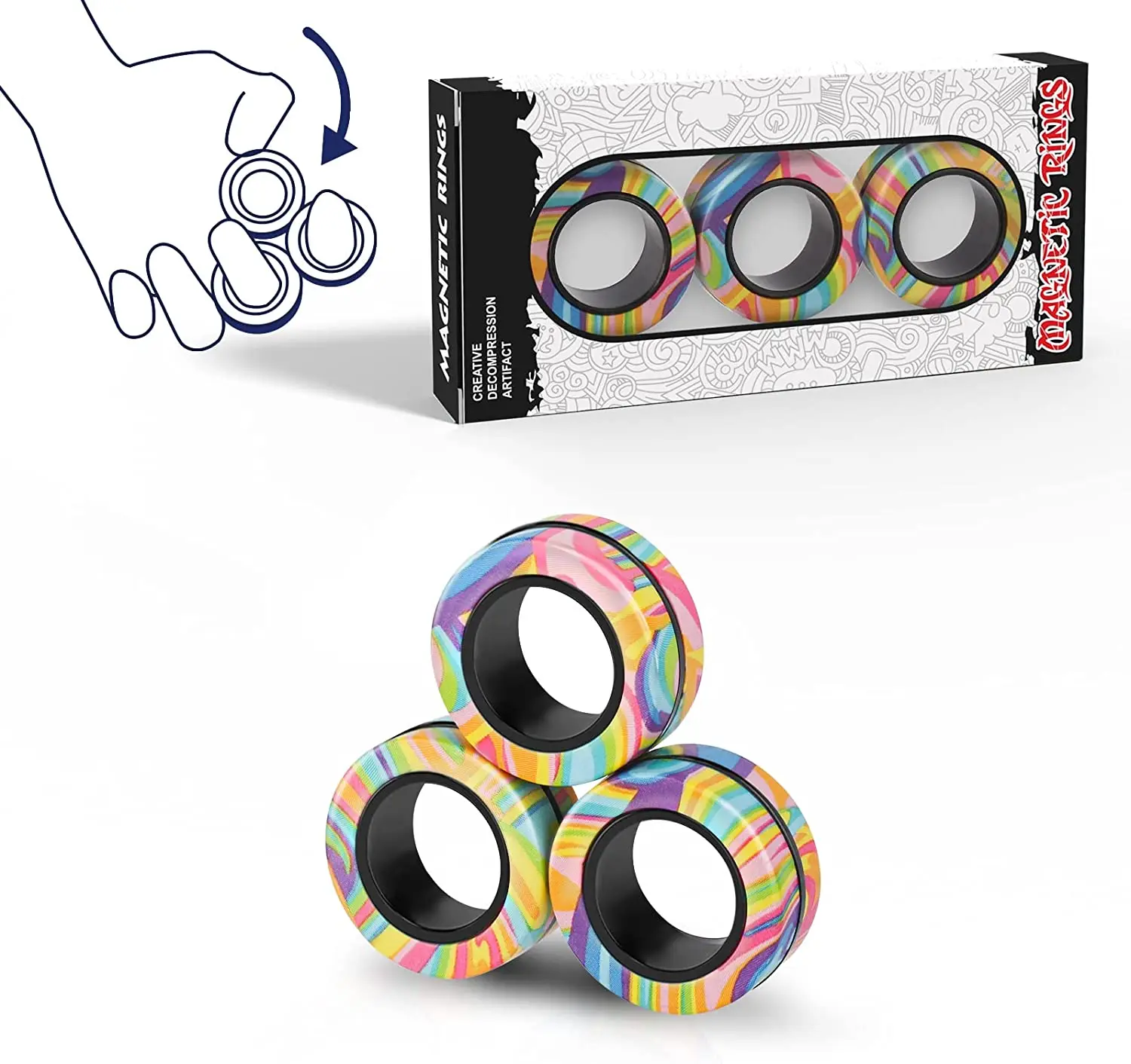 3pcs Fidget 장난감 세트 손가락 자석 반지 스트레스 불안 완화 치료를위한 다채로운 성인 자석 스피너 반지