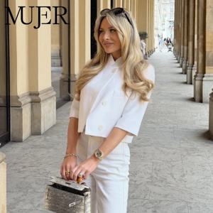 MUJER 화이트 짧은 블레이저 여성 여름 오피스 크롭 자켓 여성 반팔 여성용 테일러링 블레이저 스트리트웨어 코트 신상품