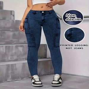 【Non-Denim】여성용 인조 데님 프린트 레깅스, 스포츠 캐주얼 스키니 팬츠, 얇고 부드러운 피부 친화적인 요가 팬츠, 올시즌 롱 팬츠