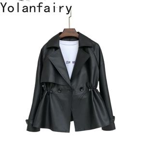 YOLANFAIRY 새로운 패션 100% 정품 가죽 자켓 여성 2026 하이 엔드 진짜 양가죽 트렌치 코트 허리 라인 여성 가죽 자켓