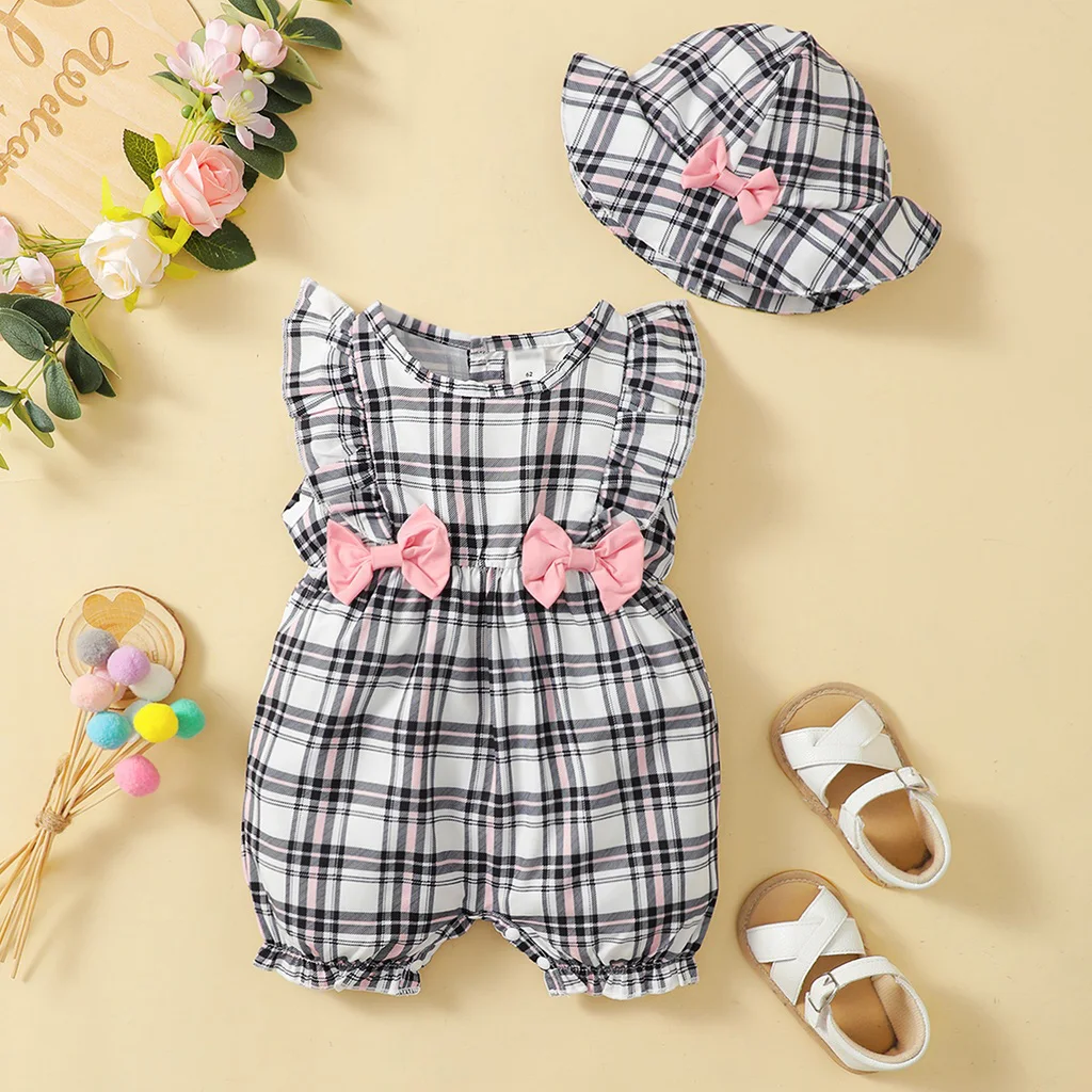 0-18 개월 신생아 아기 소녀 옷 귀여운 격자 무늬 디자인 여름 Romper + 모자 2Pcs 정장 유아 소녀를위한 패션 휴가 의류