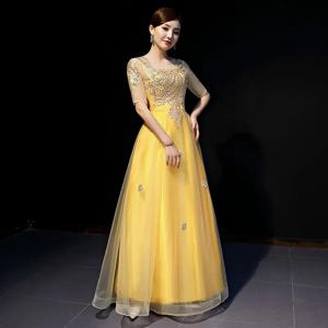성인 합창 저녁 공연 드레스 여성 2025 여름 새로운 노란색 호스트 슬리밍 드레스 여성 긴 a 라인 드레스