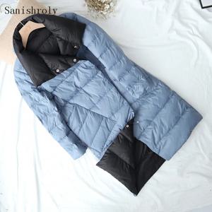 가을 양면 코트 여성 따뜻한 경량 화이트 오리 다운 코트 대형 파카 여성 싱글 브레스트 긴 겨울 자켓