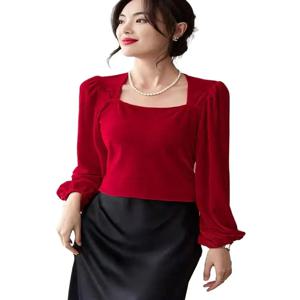 가을 여성 스퀘어 칼라 랜턴 소매 벨벳 셔츠 탑 블라우스 봄 와인 레드 블랙 벨루어 탑 및 블라우스 플러스 사이즈 5XL