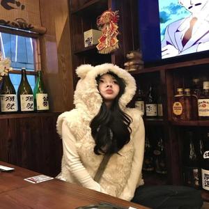 두꺼운 양털 조끼 코트 여성용 가을 겨울 따뜻한 곰 귀 후드 에코 친화적인 모피 자켓 긴 소매 지퍼 클로저