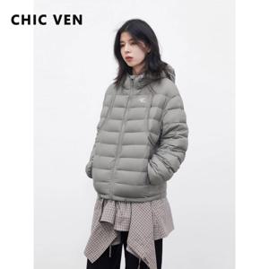 CHIC VEN 신상 여성 다운 코트 디자인 루즈 캐주얼 솔리드 후드 여성 90% 화이트 덕 다운 재킷 가을 겨울 2026