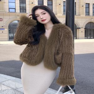 진짜 정품 천연 니트 토끼털 숄 코트, 여우털 칼라, 새 상품, 진짜 여우털 재킷, 명품 여성 의류